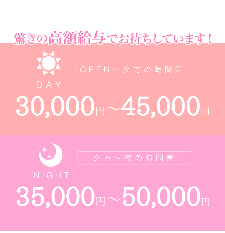 高時給！昼間 30,000円〜　夕方夜の時間帯 35,000円〜 